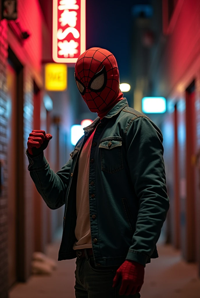Lonely guy with a powerful hand and a Spiderman mask all over his face