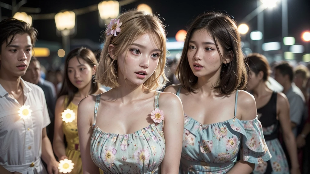 best qualityer, 1 girl, (cutaneous dentition), (Huge breasted:1.2), (blur the background:0.6), in a crowded amusement park, (casual but elegant, fashionable cloth,flowered dress:1.5 ), marvelous, (shorth hair:1.5), soft lighting, Tuuli, (Frontlight:1.5), suprised,
