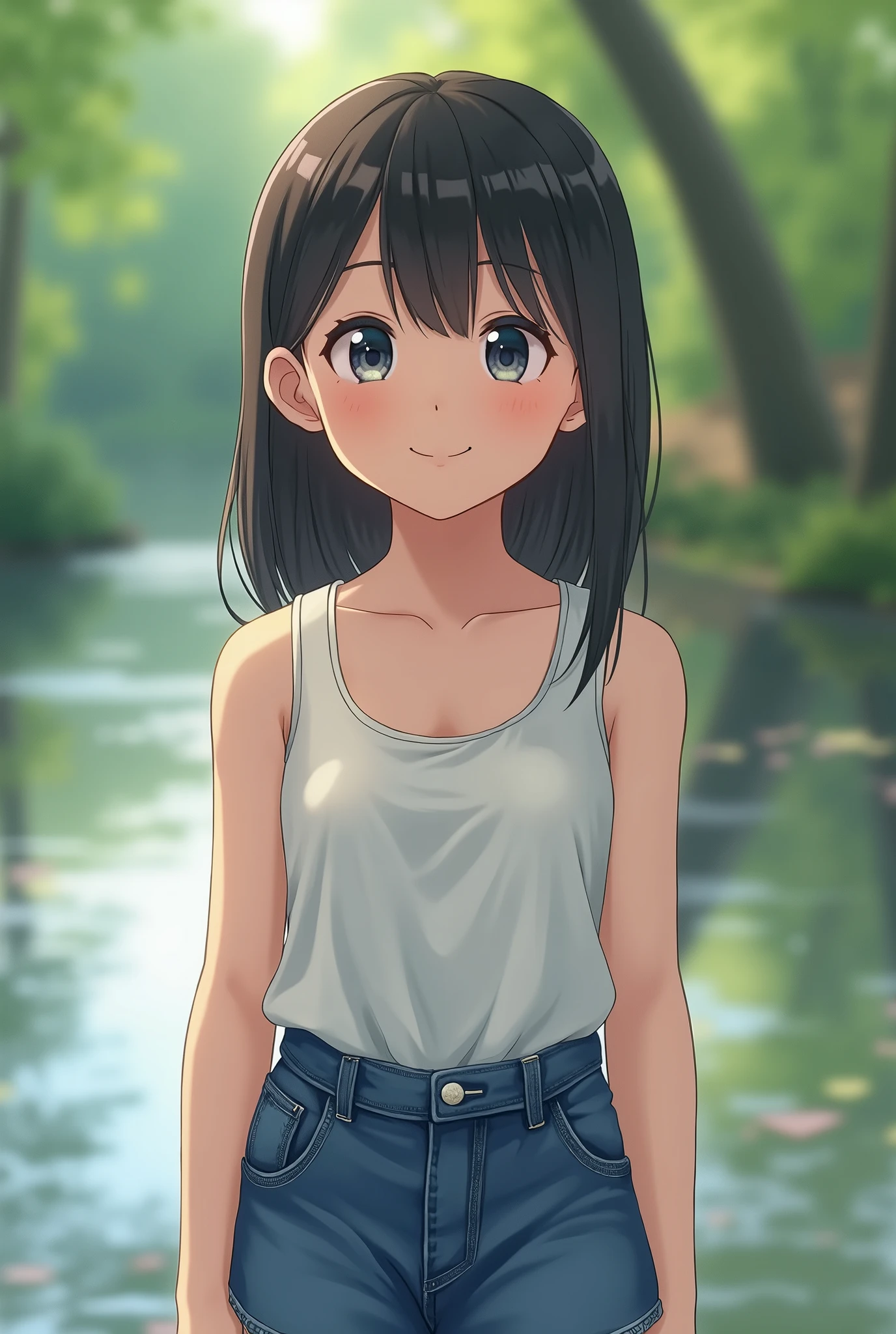 ( 1 girl),smile、Look into the camera、สาวสวยYoung faceวัยใส、Cute Asian Girl, 8 years old, little child, with a stretch tank top and denim skirt, big breasts, Young face, little child, , short sleeve, Shorts, bend forward, Revealing her cleavage, alone, smile,in the stream, ภาพระยะใกล้ รอยsmile、small waist, blue eyes(((The chest is erect...)))(((round chest)))(((big breasts:1.0)))