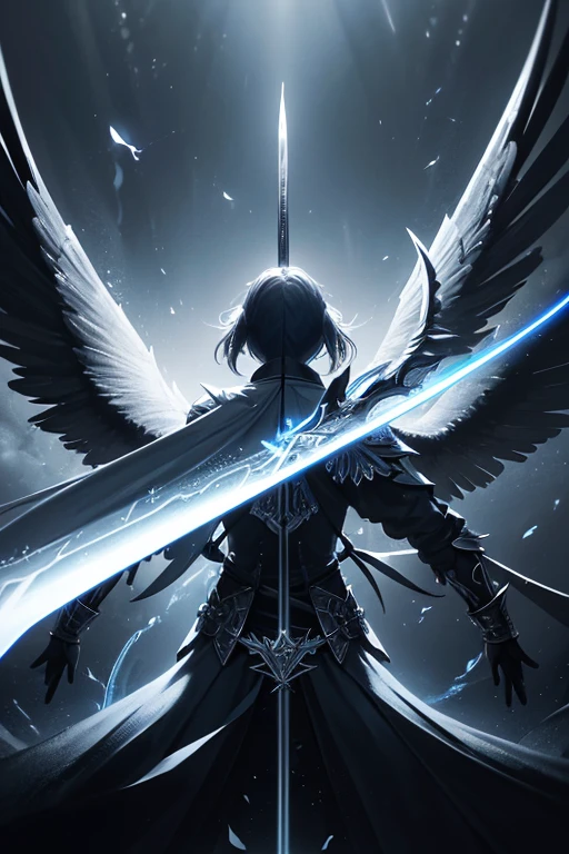 a close up of a sword with wings on a black background, magical sword, shinning sword, beautiful sword, shining sword, magic sword, glowing sword, fantasy sword, silver sword, silver wings, big white glowing wings, aion, fantasy blade, sword design, greatsword, epic angel wings, detailed key anime art, as a mystical valkyrie
