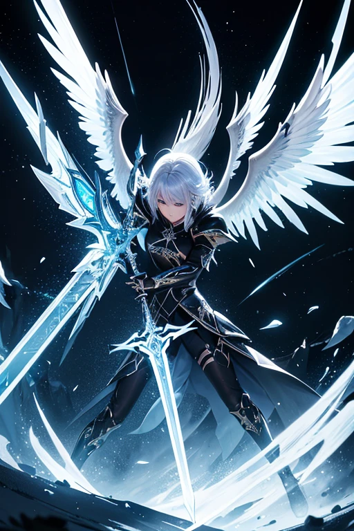 a close up of a sword with wings on a black background, magical sword, shinning sword, beautiful sword, shining sword, magic sword, glowing sword, fantasy sword, silver sword, silver wings, big white glowing wings, aion, fantasy blade, sword design, greatsword, epic angel wings, detailed key anime art, as a mystical valkyrie