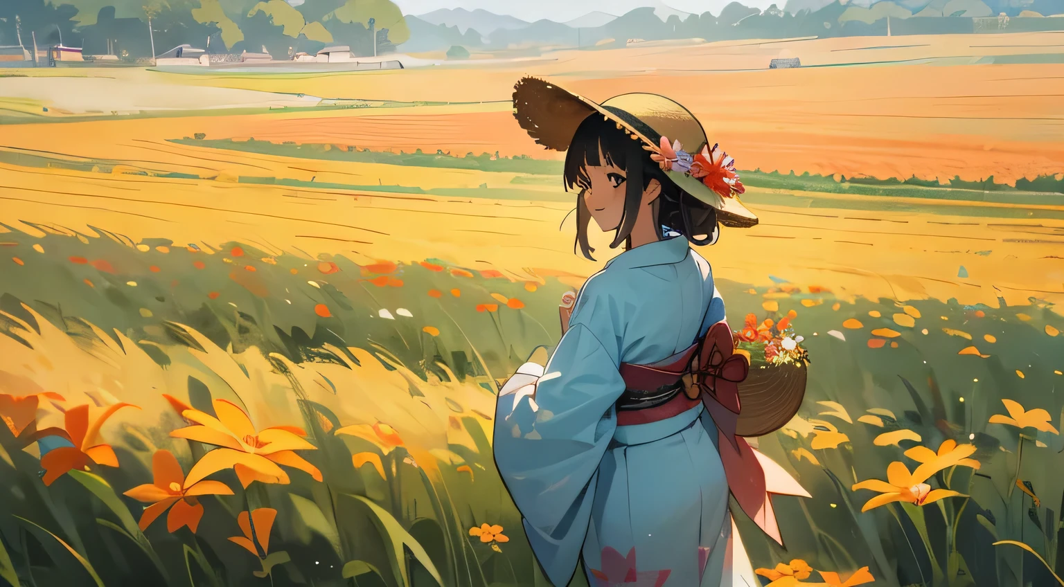 summer,nature,smile,kimono,japanese girl,straw hat,flower field,back view