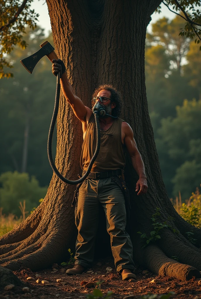 Man cutting down a tree his oxygen pipe is connected to
