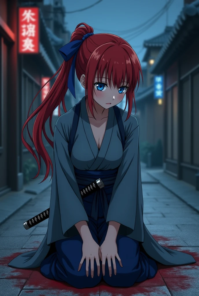 Anime, kimono, Japanese woman, blue eyes, red hair, long hair, ponytail, grey hakama, blue clothes, Japanese sword on left hip, small breasts, blue ribbon hair clip, night, very dark city of Kyoto, assassin, covered in a lot of blood, Battousai the assassin, face down, biting lower lip, no sparkle in eyes