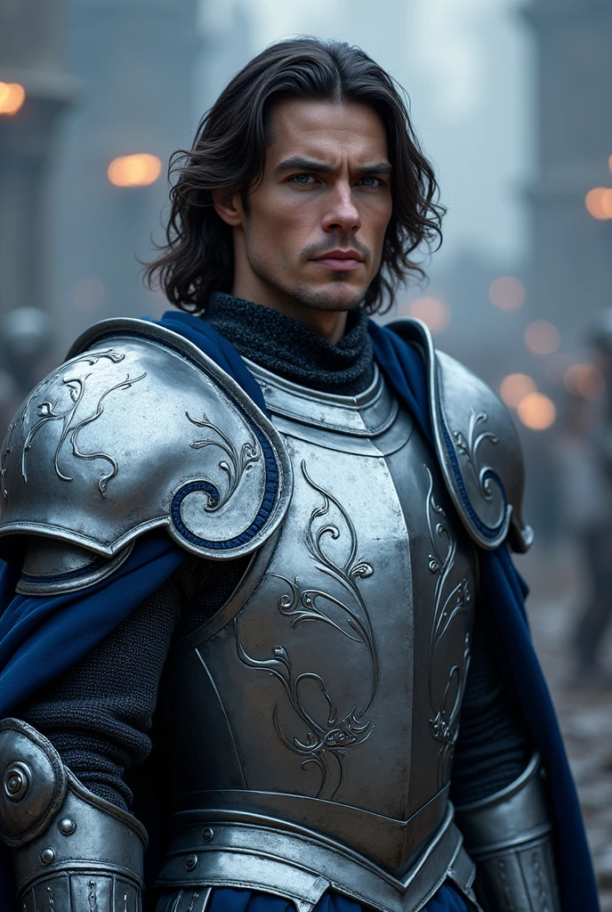 White man with dark brown hair on shoulder, big nose but beautiful. Wearing silver armor with blue