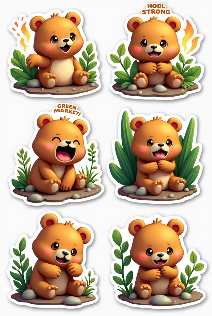 Design a set of 3D stylized stickers for the SOLMON - Solana Monsters series, focused on the Earth/Nature Element characters.

Each sticker should feature a SOLMON character depicted in a cute, chibi-style with big, expressive eyes and exaggerated features. The characters should be vibrant and playful, with earthy tones, glowing accents, and small details like leaves, vines, or rocks depending on their type. Moss (Earth Bear):

Confident (broad smile, rocks glowing, text: "HODL Strong")
Calm (sitting quietly, surrounded by plants, text: "Green Candle")
Angry (roaring, ground cracking, text: "Bear Market!")
Thoughtful (pondering, small plants growing, text: "Planting Seeds")