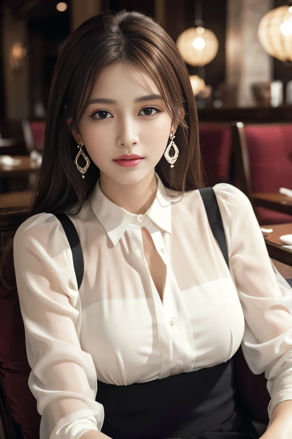 masterpiece, Highest quality, Realistic, Very detailed, Finer details, High resolution, 8k wallpaper, One beautiful woman, Wear an elegant white see-through blouse, In a great restaurant, At night, Light brown messy hair, Perfect dynamic composition, Beautiful and beautiful eyes、Big earrings、Sitting in a chair、