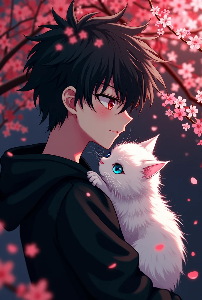 Blossom tree theme , White , black , Blood red colour , dark background , Anime boy , Spiky hair , black hoodie , red eyes , narrowed eye , carrying a white fluffy cat with blue eye , side view