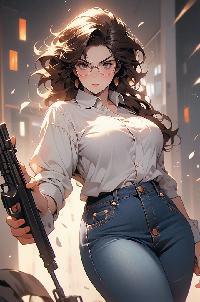 1girl, voluptuous, jeans, button down shirt, brown hair, round glasses, angry, holding a shotgun