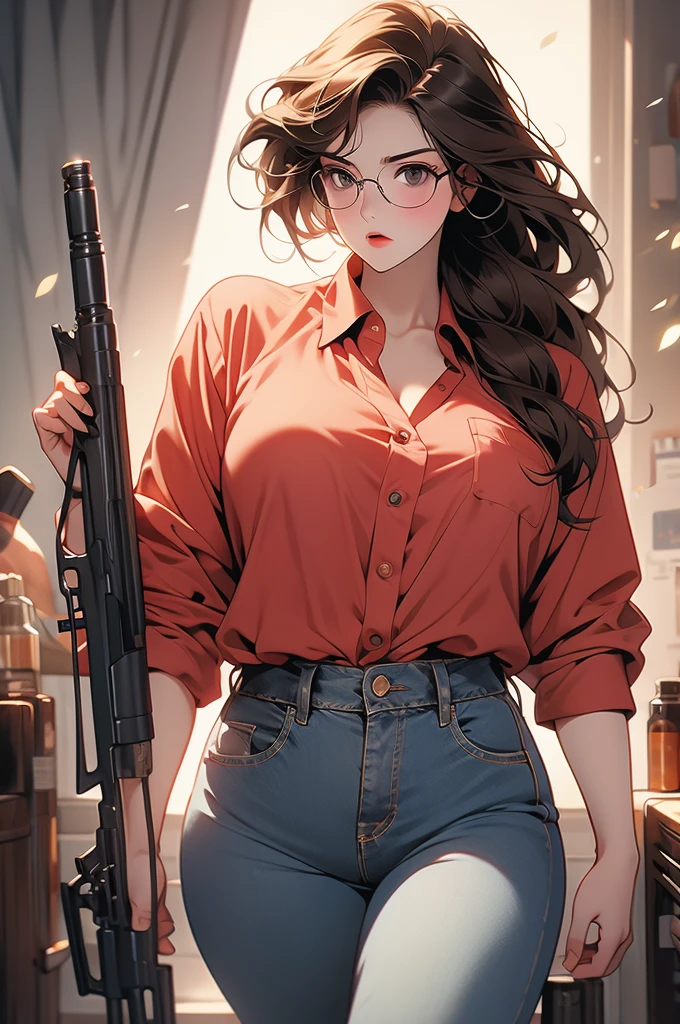 1girl, voluptuous, jeans, button down shirt, brown hair, round glasses, angry, holding a shotgun