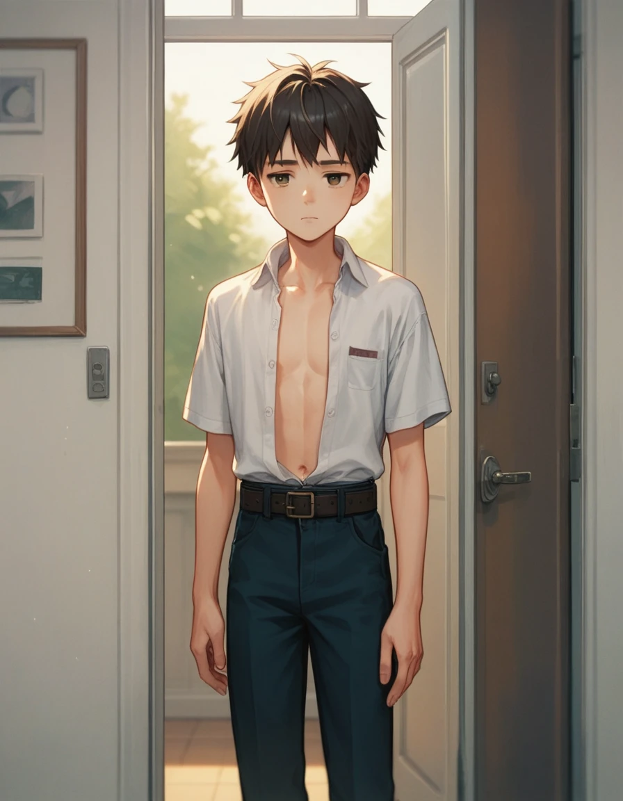 Anime, kid, boy, cute face, unbuttoned shirt, School pants, belt, at the door of his room, tired