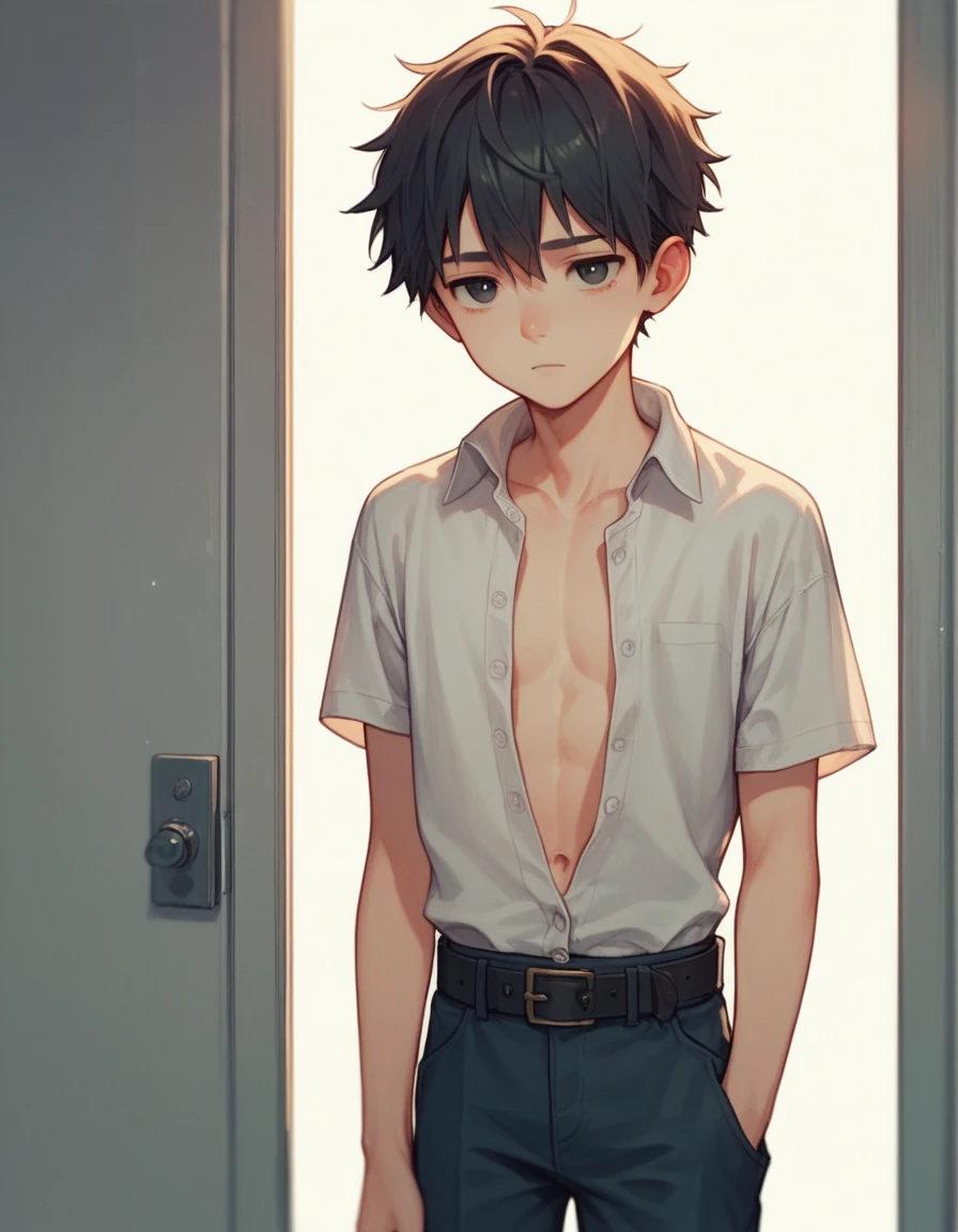 Anime, ???, boy, cute face, unbuttoned shirt, School pants, belt, at the door of his room, tired