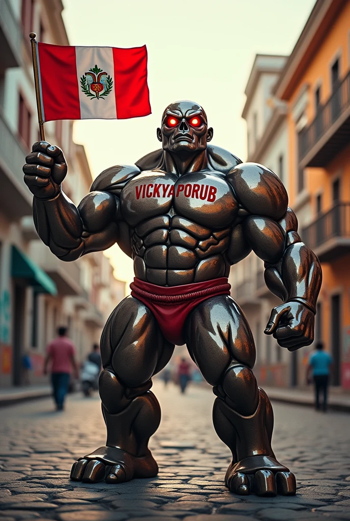 Strong VICKVAPORUB can with muscles and red eyes, On his chest he wears the name VICKVAPORUB and in one hand he carries the flag of Peru.