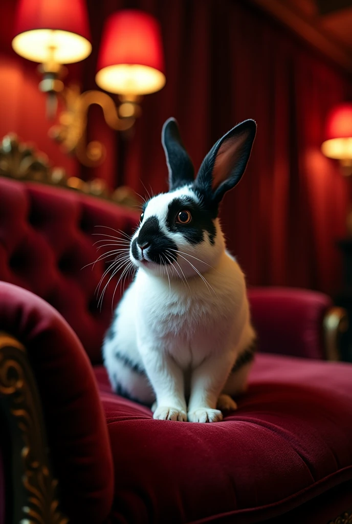 A white rabbit with black in a brothel