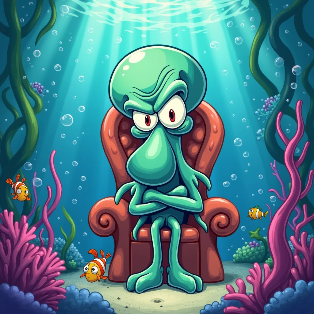 Draw Squidward Tentacles angry looking at the viewer, under the sea