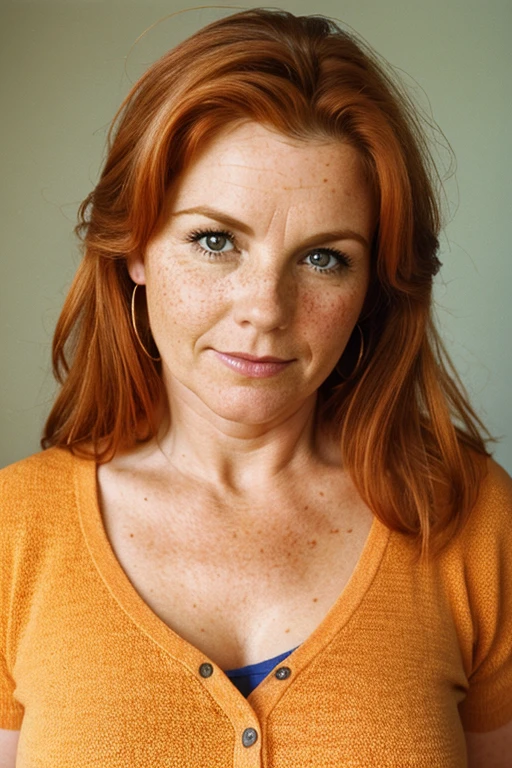 Medium view, of middle aged, 40 year old, mom, gilf, milf, face portrait, chubby, freckles, long ginger hair, 1990s clothing, in belfast