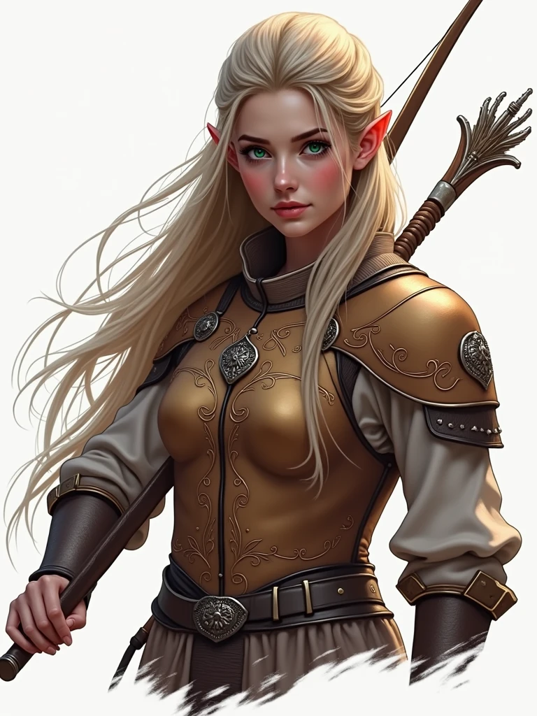 Young elf woman, Long straight blonde hair, wearing leather breastplate and medieval clothes, wielding a bow, best qualityer, high fantasy.
