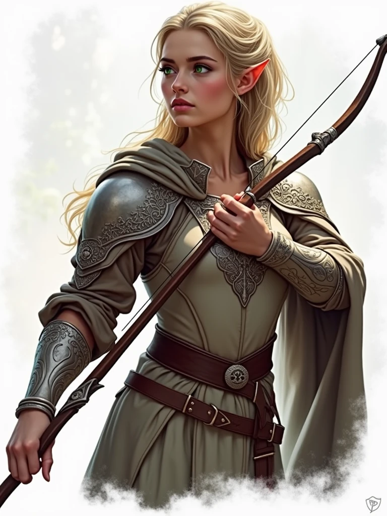 Young elf woman, Long straight blonde hair, wearing leather breastplate and medieval clothes, wielding a bow, best qualityer, high fantasy.