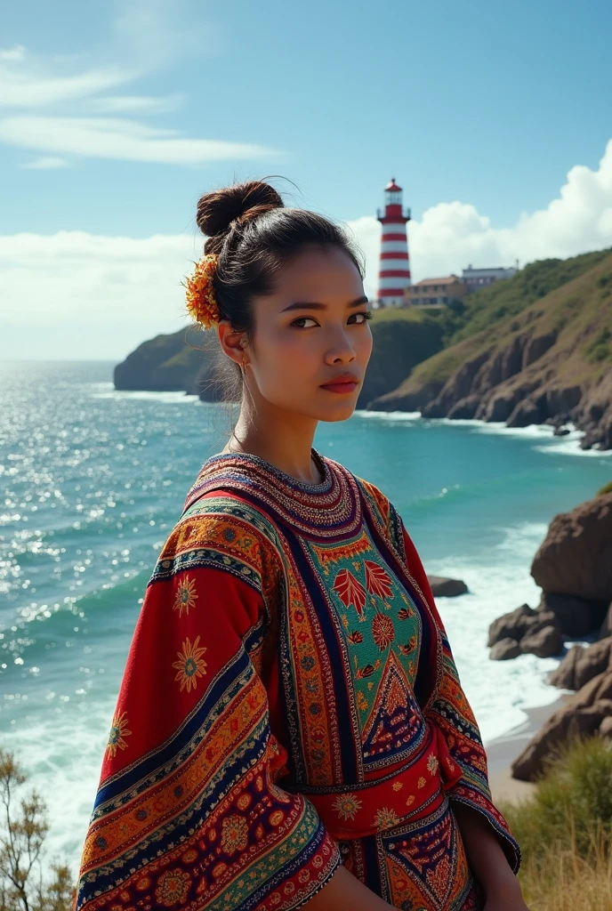 Make a huancavilca with the sea in the background and the Puerto Engabao lighthouse;Use marine colors for all this in photorealism 