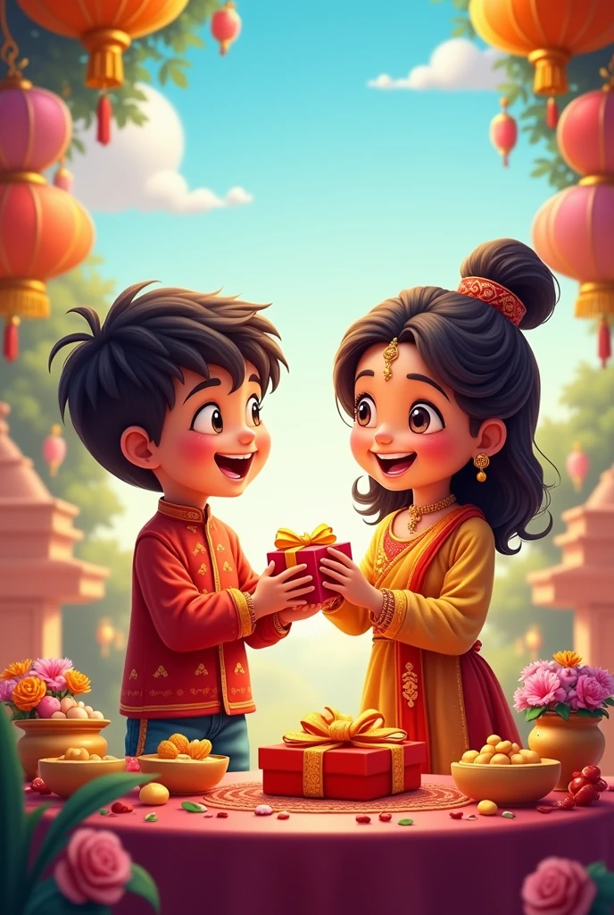 Imagine happy rakshabandhan brother and sister cartoon whith gift