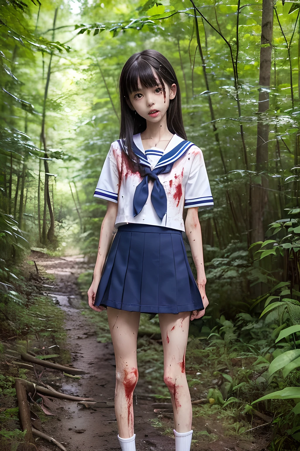(8K、RAW Photos、highest quality、masterpiece:1.2), (Realistic、Photorealistic:1.2), (High resolution skin:1.1), Beautiful young girl,japanese, 11 years old,small breasts,(Slender girl:1.4),(Thin legs:1.4),dark blue mini skirt,sailor suit, (White high socks), Short sleeve,sneakers, whole body,forest,standing,(muddy),(wounds,bloody legs:1.4)