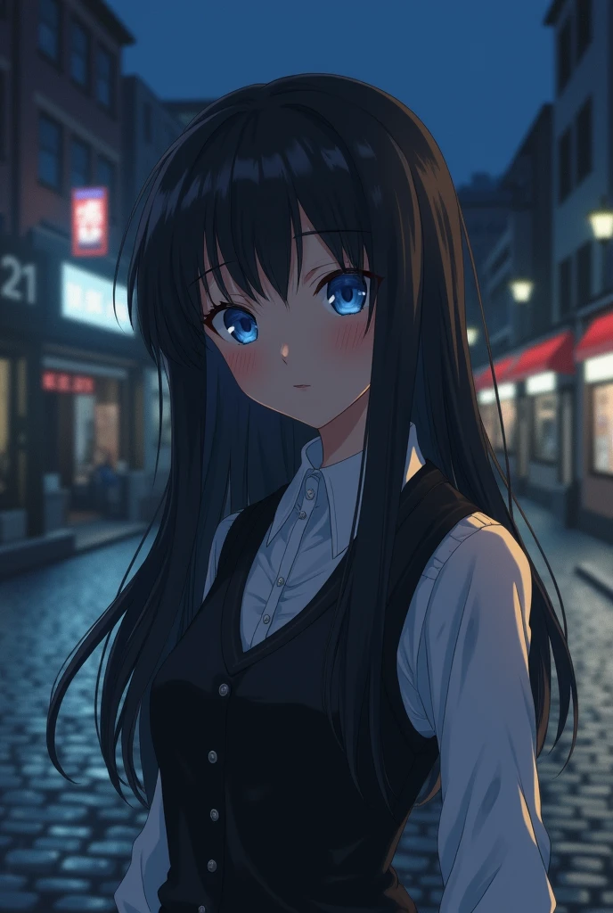 A western girl with long, loose black hair with a side bang covering her sky-clear blue eyes, a serious expression in a school uniform, a white dress blouse with one button unbuttoned with a vest over it. I was on the street. the night was cold making your cheeks a little pink.
