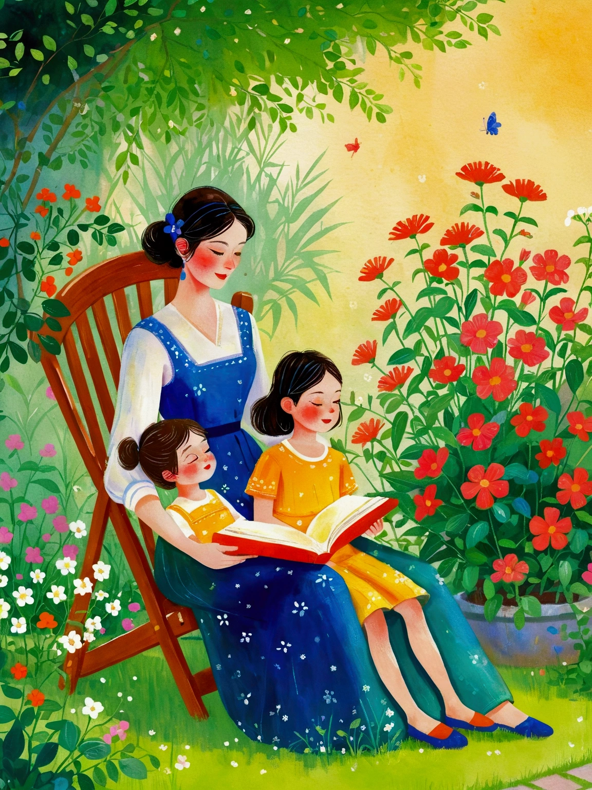 painting of a woman and child sitting in a chair in a garden, children book illustration, children's book illustration, children’s book illustration, story book illustration, colorful kids book illustration, storybook illustation, children's illustration, childrenbook illustration, illustration for children, childrens book illustration, storybook illustration, a storybook illustration, a beautiful artwork illustration