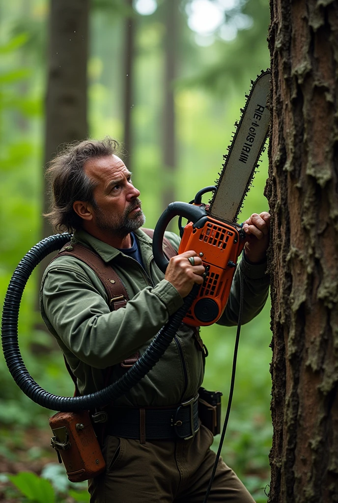 Man cutting down a tree his oxygen pipe is connected to, close-up shot