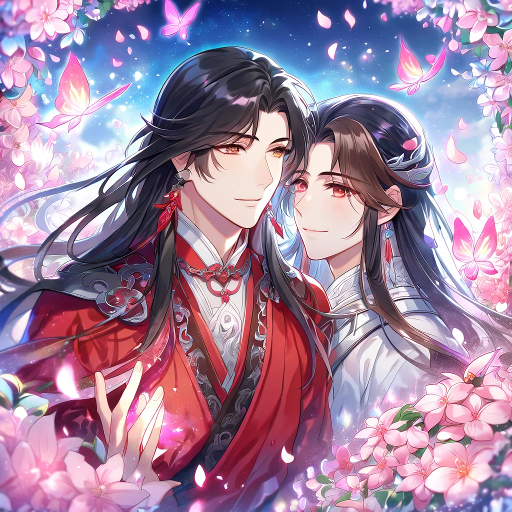 absurdres, highres, ultra detailed, HDR, master piece, Xie Lian, brown hair, long hair, expressive brown eyes, white clothes, Hua Cheng, black hair, long hair, expressive red eyes, red clothes, Heaven Official's Blessing, fantasy, glittering pink butterflies, petals, magical, two sexy men together, handsome, gay couple, yaoi, very detailed eyes and face, glittering, pink flowers, pink shining fireflies, pink fire, crystal glass magic, sensual, pink rain, in love, smiling