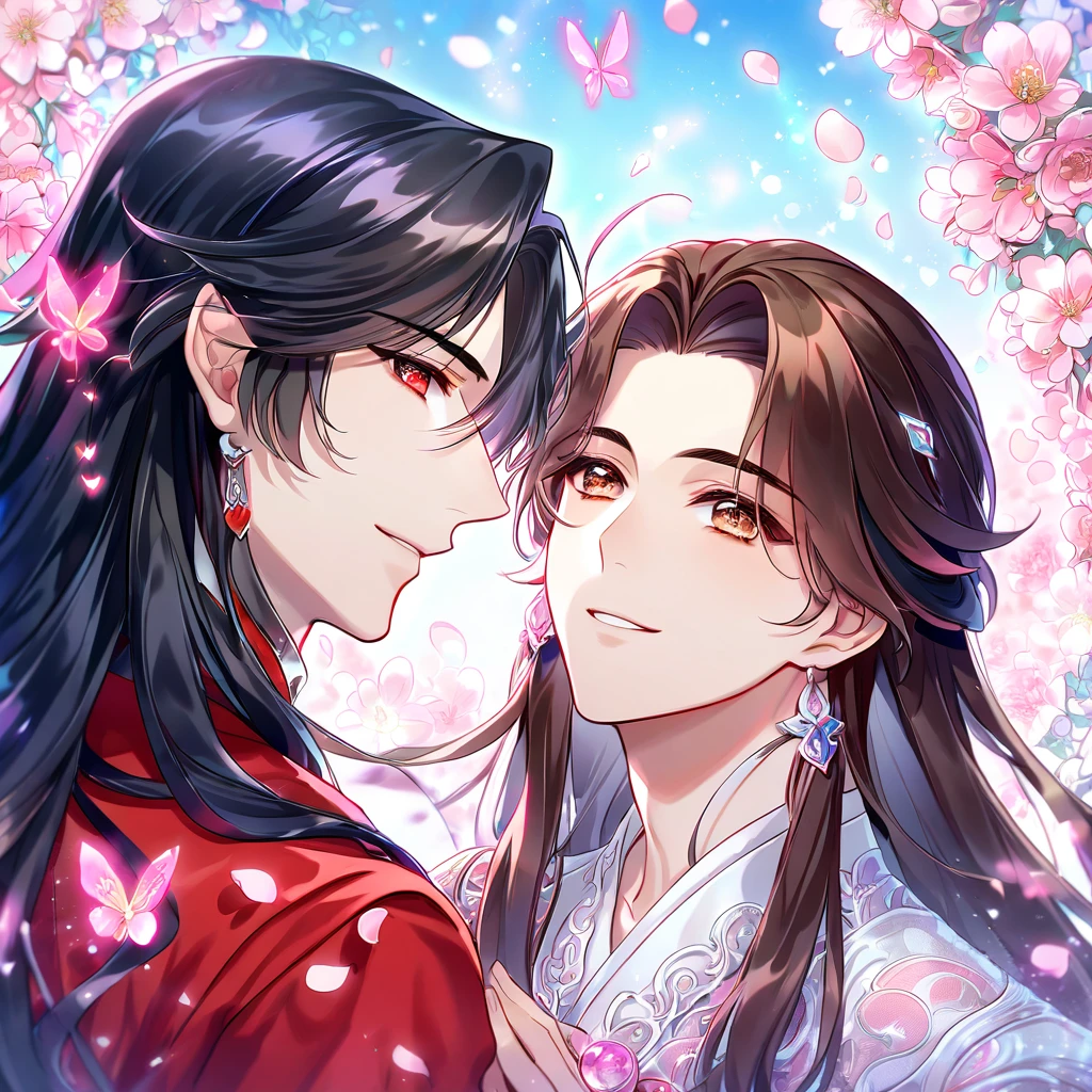 absurdres, highres, ultra detailed, HDR, master piece, Xie Lian, brown hair, long hair, expressive brown eyes, white clothes, Hua Cheng, black hair, long hair, expressive red eyes, red clothes, Heaven Official's Blessing, fantasy, glittering pink butterflies, petals, magical, two sexy men together, handsome, gay couple, yaoi, very detailed eyes and face, glittering, pink flowers, pink shining fireflies, pink fire, crystal glass magic, sensual, pink rain, in love, smiling