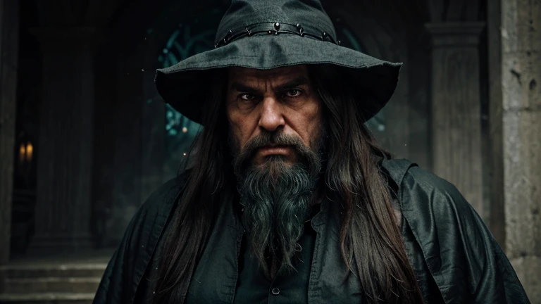  Imagine an aged mage, with a confident and imposing expression. He wears a gray and somber cloak. His hat is large and adorned with arcane symbols, Complementing its imposing appearance. The long chrysalis beard (with brilliant greenish tones) flow to the floor, radiating a mystical aura. he is very angry and indignant