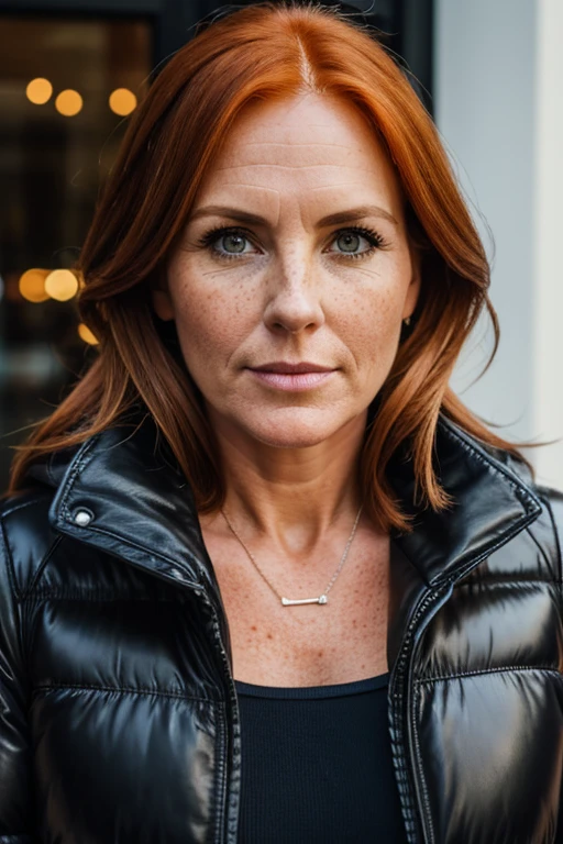 Medium view, of middle aged, 40 year old, mom, gilf, milf, face portrait, chubby, freckles, long ginger hair, black moncler puffer jacket, leather leggings, in Dublin