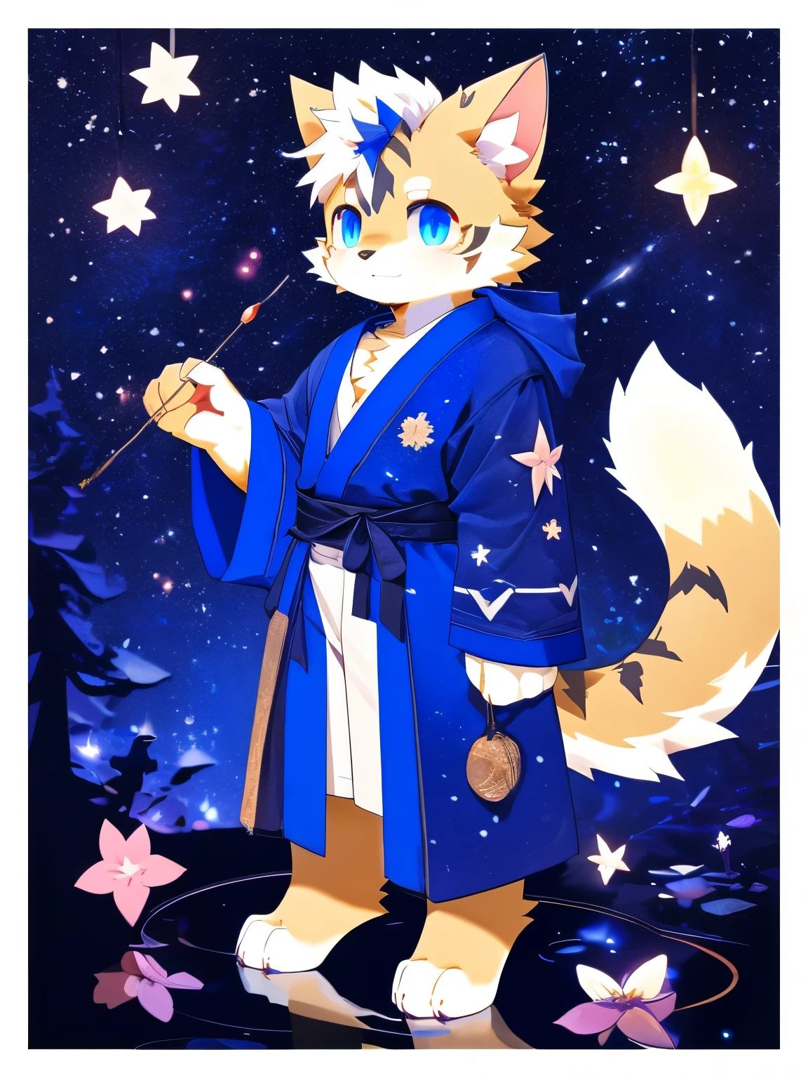 nj5furry,kemono,full-length portrait,anthro,hi res,male,White hair,Cat,Mage,Starry blue robe,Starry pattern,strong,Plush paw,Fluffy hair,Plush tail,A tail,Delicate eyes,Detailed eyes,(particle, Scattered letters, Starlight): 1.3