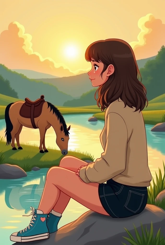 A teenage girl, medium-length wavy brown hair, a nose pointing to the sky, des paumettes rougies, des yeux marrons qui est assise de profile sur une pierre au bord d'une riviere. She has wide hips, She wears a short beige sweater, un short en jean noir, sky blue and white high top shoes. She is looking to the left, donc on la voit de profil. Background, il y a le lever du soleil. As well as a horse grazing in the grass behind. Le cheval à une selle marron sur son dos et une simple cordelette autour de son cou. He has nothing on his head. Il a une tache en forme de coeur sur la croupe. Il est marron clair et à les crins noirs. Her mane is long. On les voit d'assez loin.
C'est un dessin simple
