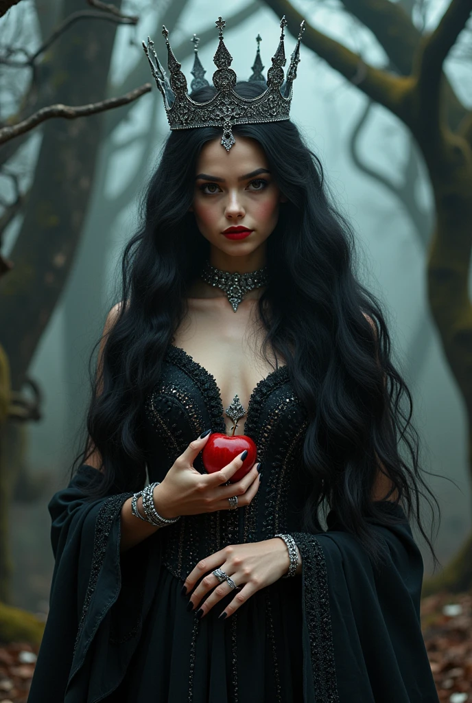 girl,long black hair，black queen，Accessories，Apple in hand，poisoned apples，Queen Witch，red lipstick.