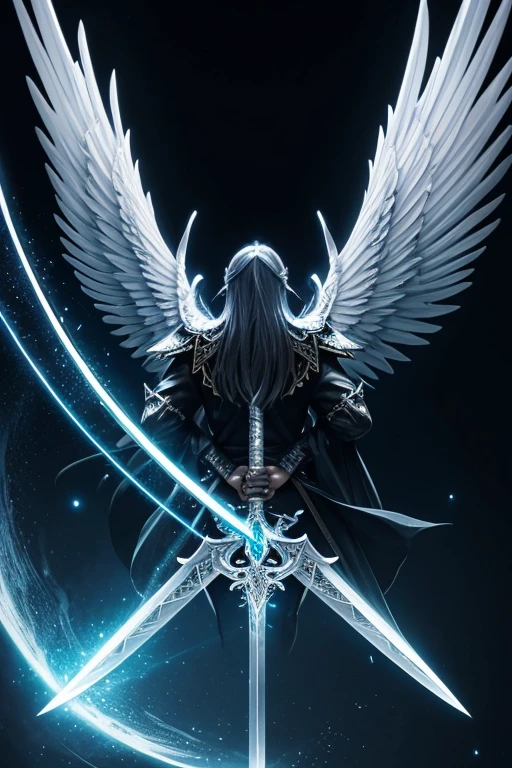 a close up of a sword with wings on a black background, magical sword, shinning sword, beautiful sword, shining sword, magic sword, glowing sword, fantasy sword, silver sword, silver wings, big white glowing wings, aion, fantasy blade, sword design, greatsword, epic angel wings, detailed key anime art, as a mystical valkyrie