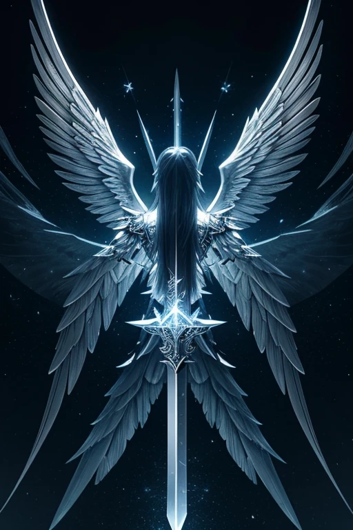 a close up of a sword with wings on a black background, magical sword, shinning sword, beautiful sword, shining sword, magic sword, glowing sword, fantasy sword, silver sword, silver wings, big white glowing wings, aion, fantasy blade, sword design, greatsword, epic angel wings, detailed key anime art, as a mystical valkyrie