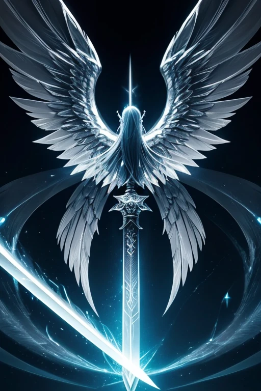 a close up of a sword with wings on a black background, magical sword, shinning sword, beautiful sword, shining sword, magic sword, glowing sword, fantasy sword, silver sword, silver wings, big white glowing wings, aion, fantasy blade, sword design, greatsword, epic angel wings, detailed key anime art, as a mystical valkyrie