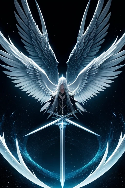 a close up of a sword with wings on a black background, magical sword, shinning sword, beautiful sword, shining sword, magic sword, glowing sword, fantasy sword, silver sword, silver wings, big white glowing wings, aion, fantasy blade, sword design, greatsword, epic angel wings, detailed key anime art, as a mystical valkyrie