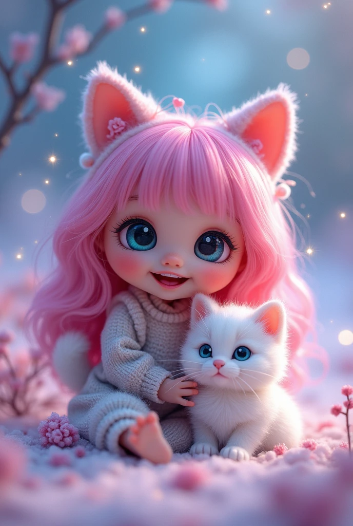 Little doll using cat ears with pink hair smiling looking to the front with a white cat with a magic background
