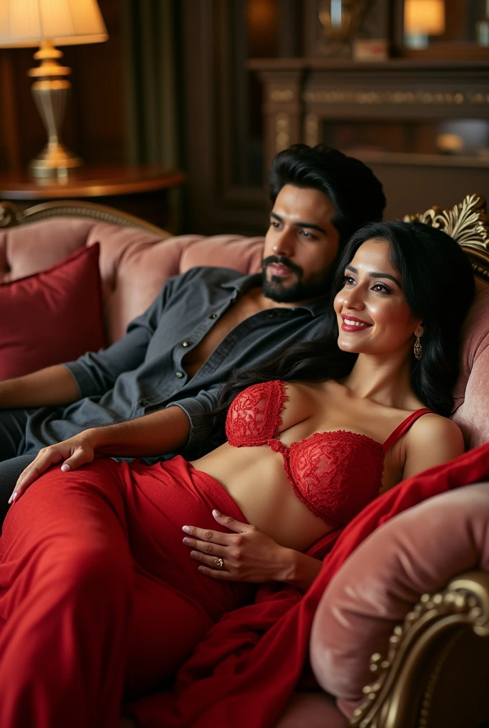 A beautiful gorgeous plump Indian 45-year-old woman wearing a Red thin bra and red sheer net saree , long hair, huge breasts, hot body curves, smiley face, white skin, laying on sofa with 21 years old handsome man