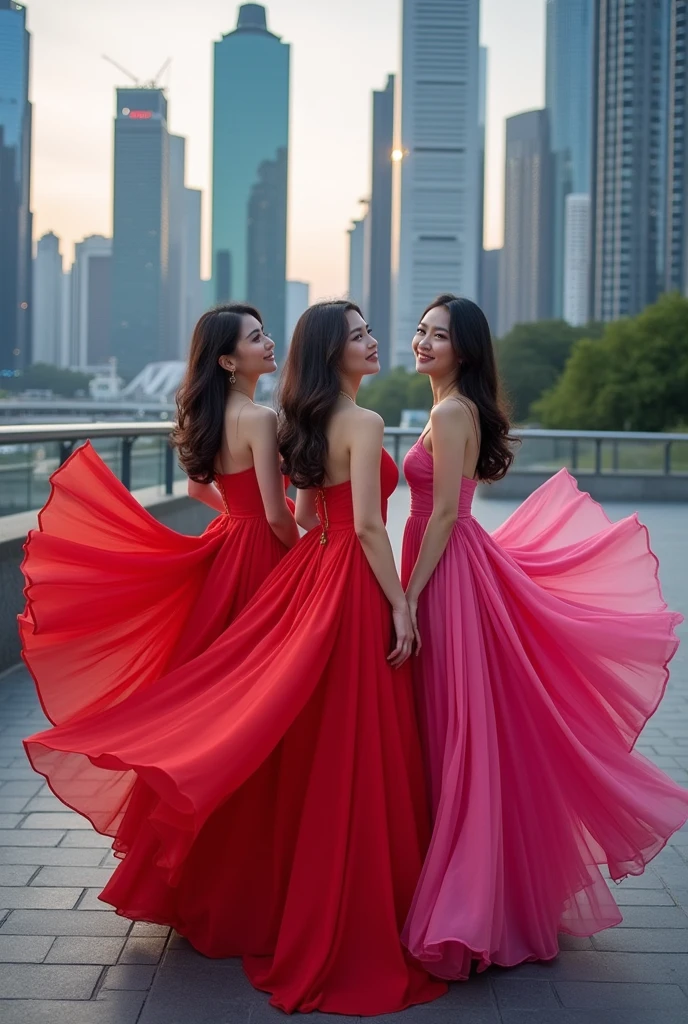 Three Asian women in elegant, large dresses with a city background 