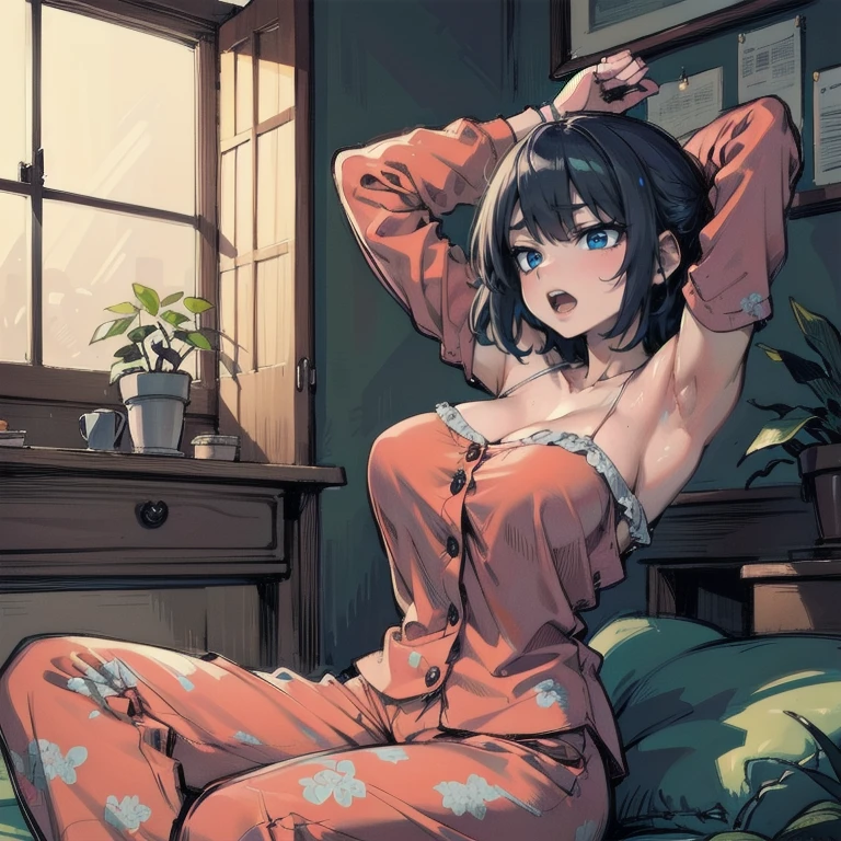 Anime Kawaii sexy Perfect Slim sensual body large breast and huge thighs, An intricate and highly detailed illustration of anime (Young girl) (masterpiece:1.2), Detailed fingers, Beautiful woman, Sitting on the bed, She is wearing a loose off-the-shoulder top., Pajama pants, Short Curly Hair, indoor, Soft lighting, Background plants, Window with sunlight, Cozy rooms, Relaxed pose, Intricate details, Warm colors, Japanese schoolgirl, stretching arms upwards, yawn loudly