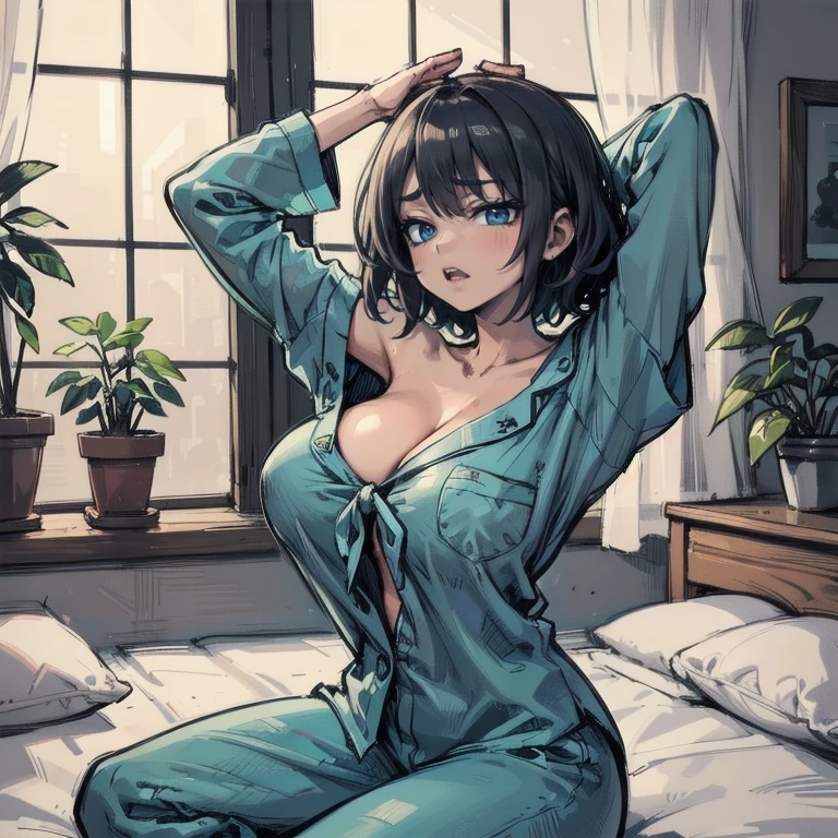 Anime Kawaii sexy Perfect Slim sensual body large breast and huge thighs, An intricate and highly detailed illustration of anime (Young girl) (masterpiece:1.2), Detailed fingers, Beautiful woman, Sitting on the bed, She is wearing a loose off-the-shoulder top., Pajama pants, Short Curly Hair, indoor, Soft lighting, Background plants, Window with sunlight, Cozy rooms, Relaxed pose, Intricate details, Warm colors, Japanese schoolgirl, stretching arms upwards, yawn loudly