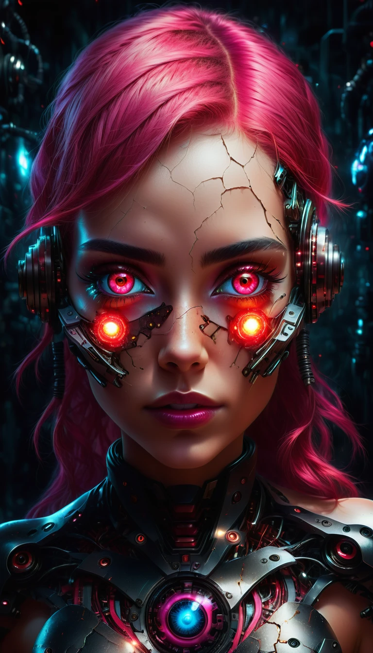 portrait of a woman with half mechanical face and cyborg eyes, glowing red cyber eye, cracked skin, high quality, high details, sharp focus, high contrast, shining and sparkling, dark colors, beautiful girl face pink hair