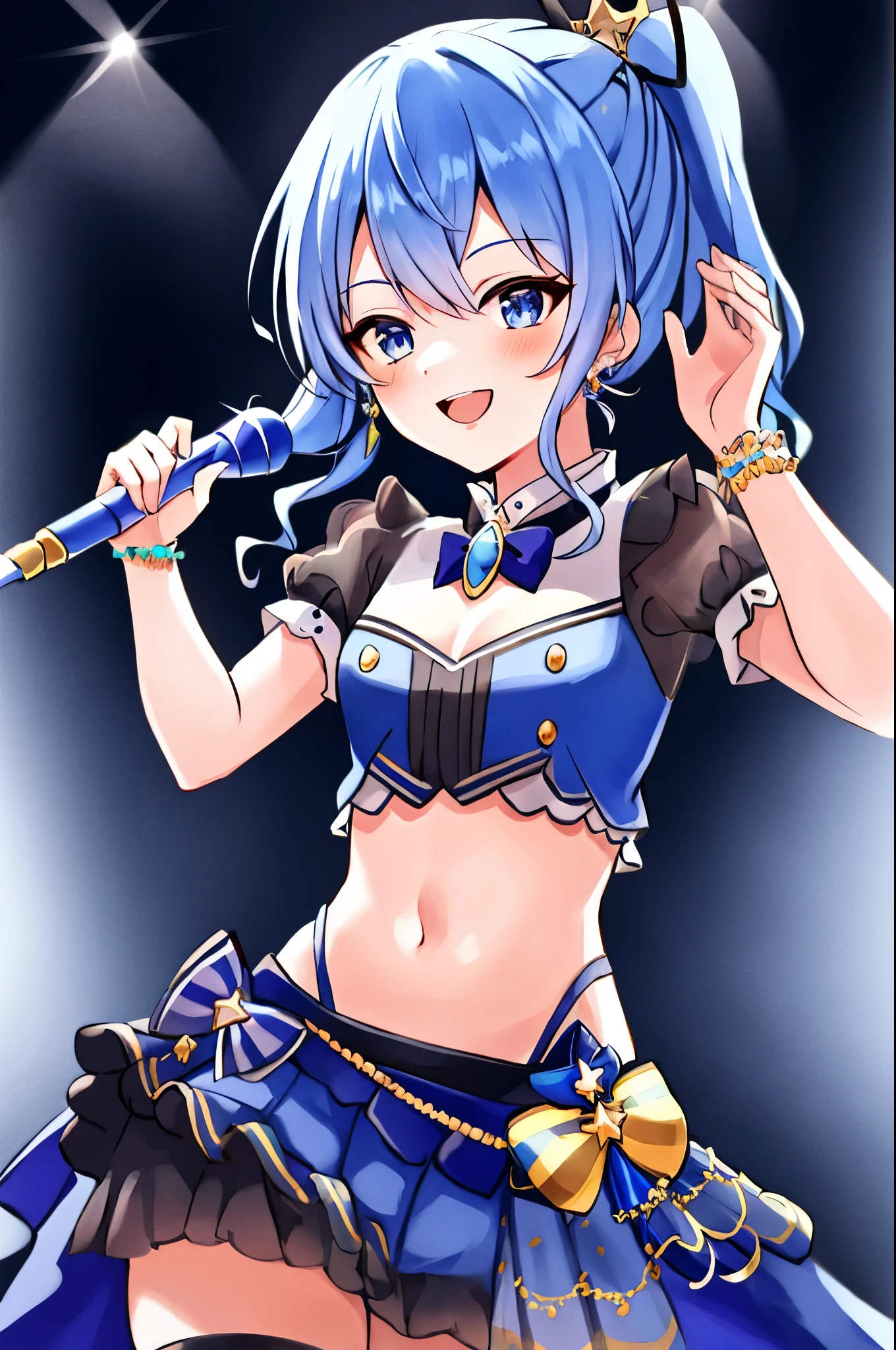 masterpiece, best quality, absurdres, 1girl, solo, Hoshimachi Suisei, light blue hair, blue eyes, happy, smile, parted lips, slender, sidelocks, sideponytail, toned,
idol, idol clothes, hololive idol uniform, bowtie, blue skirt, brooch, dress, concert, on stage, frilled skirt, jewelry, layered dress, short sleeves, tiara, midriff, thighhighs,shout,(open_mouth:1.3),singing,(angry:0.6), (glare:0.6), idle_live,audience_landscape,light up_girl,solo,shiny_effects,smile。joy,happy,(slanted_eyes:1.3),navel,