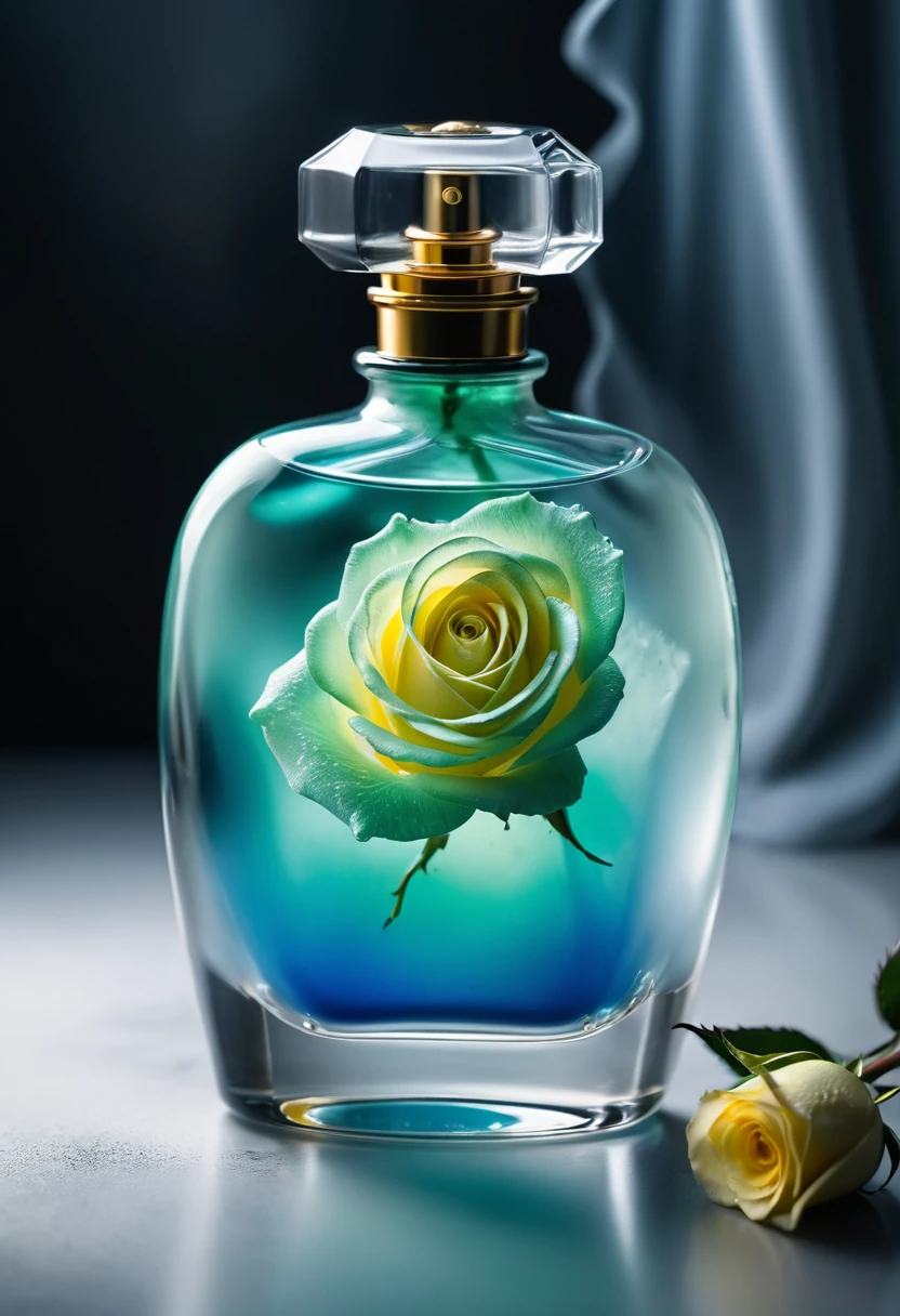 long exposure photo of a{perfume bottle from ice glass content mint liquid three quarter part(accurate prompt:1.8)sprayed a mint-yellow fog(green to yellow gradation:0.7), sprayed to blue rose petal(rose:1.2)}in motion, mint vapor sprayed, vertical angle shot, blurred edges, slow shutter speed motion photography, shot on Fuji Film XT4 camera f/1.2 ISO 200 silver silk curtain background, glowing curtain, oval vignette, focus on the bottle, UHD, best quality wallpaper, 8k, dramatic light, intricate detailed