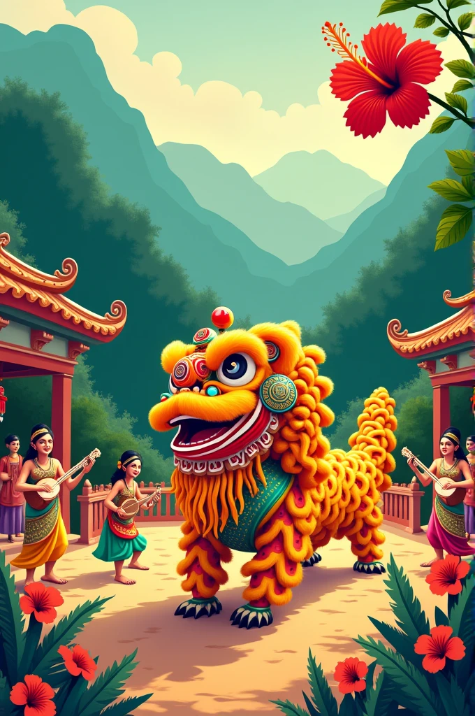 Simple poster, lion dance, one hibiscus flower, shadow puppets, India traditional instruments (veena), green mountain