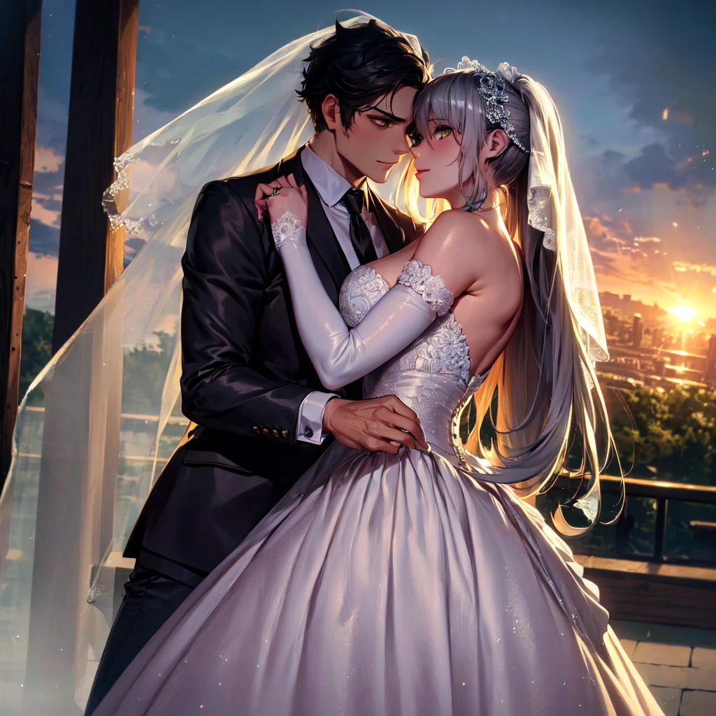 masterpiece, Best quality, masterpiece, Best quality, masterpiece, Best quality, masterpiece, Best quality, high quality, detail_skin, Beatifull_hair, detail_hair, Detailedface, Beatifull_hands, hands_detail, High detail, Ultra detail, HD, 4k, 4280x2240, depth field, (HDR:1.9), Correct anatomy, a masculine boy with short hair black hair abundant brown eyes with full wedding suit from groom to gentleman's suit and Palto flu pants and a girl with very long hair messy hair curly hair wavy hair (((silver hair))) high ponytail with yellow eyes in wedding dress, Dream wedding dress. love. Hand in hand looking at the New Year's sunset sunrise while kissing at church wedding with wedding rings on boy finger and wedding rings on girl finger and smiles, detail, ultra-detail, correct_position, correct_texture, correct_colors, correct_shading, correct_cgi, correct_body, correct_anatomy, correct_proportion, (correct_complete_body), source_anime,score_6_up,score_7_up,score_8_up,score_9, (Beautiful eyes), (detail_eyes), Eyesclothing cutout, veil,see-through,wide sleeves, white leotard,long sleeves,frilled sleeves,frills,bridal veil, Romántica style sleve, ,EasyNegative_pt , beatifull_detail,