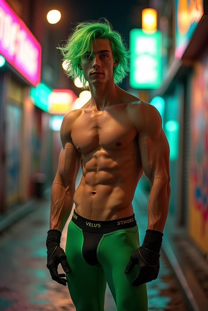 A short man of 1.72mts, similarities to a femboy but he would have green hair, yellow eyes and with his body extremely toned but still thin, only kept himself in shape, and he would have a semi-hard member hidden under his athletic leggings and with his black gloves on his hands, clearly wearing green thong underwear but he was heterosexual